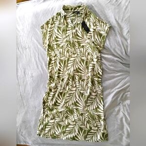 Tahari Linen Green and White Leaf Print Midi Dress